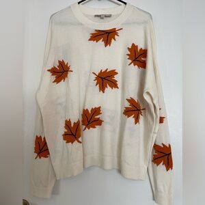 LOFT Cream Sweater with Orange Leaf Design